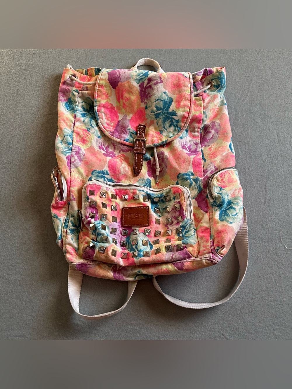 Victoria's Secret Pink Drawstring Backpack Book Bag Floral Studded Accents
